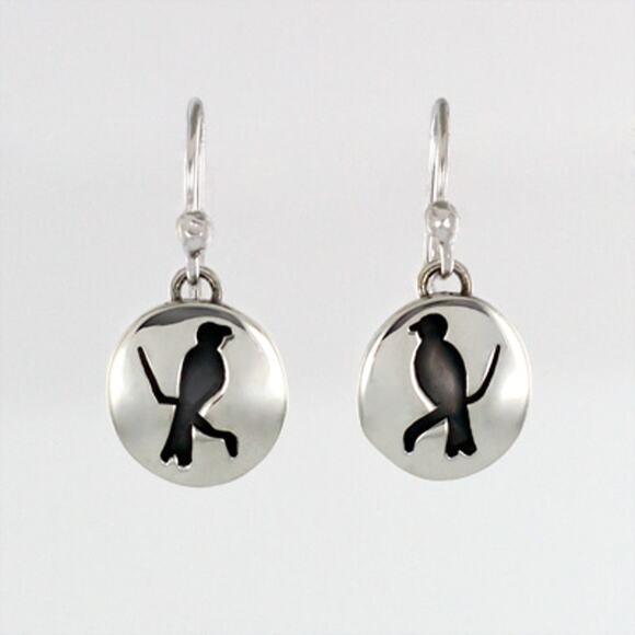 Far Fetched Bird Cutout Dangle Earrings 925 Sterling Silver Black Resin - Picture 1 of 1